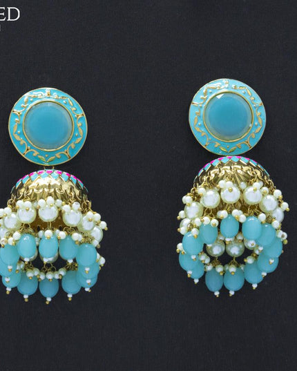 Dangler jhumkas with light blue stone and hangings - {{ collection.title }} by Prashanti Sarees