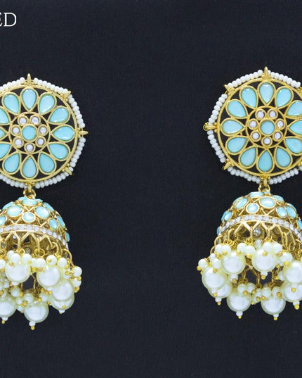 Dangler jhumkas with light blue stone and pearl hangings - {{ collection.title }} by Prashanti Sarees