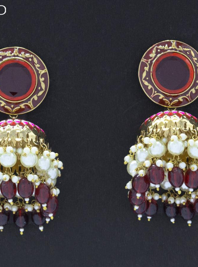 Dangler jhumkas with maroon stone and hangings - {{ collection.title }} by Prashanti Sarees