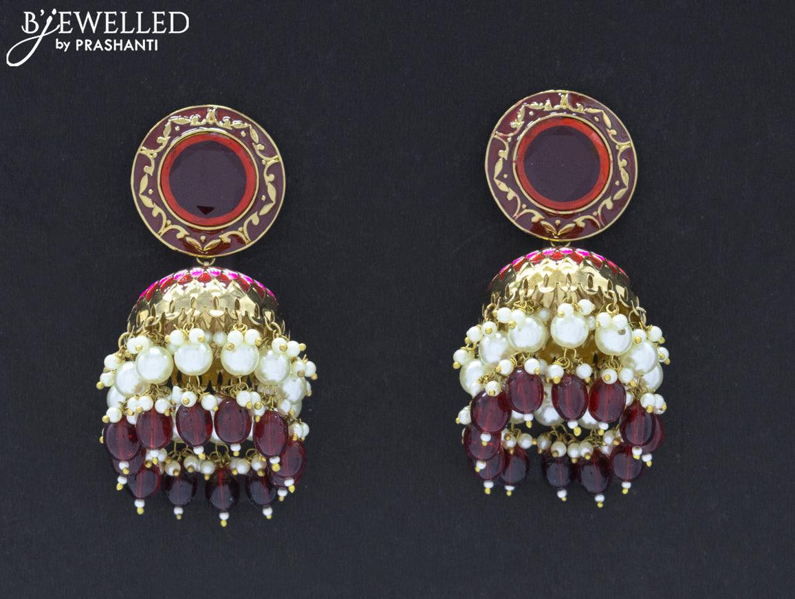 Dangler jhumkas with maroon stone and hangings - {{ collection.title }} by Prashanti Sarees