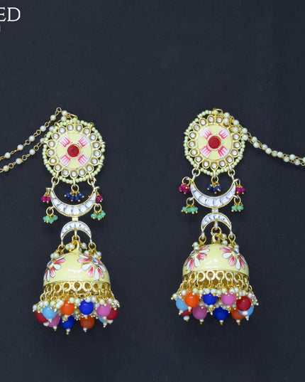 Dangler jhumkas with multicolour beads hanging and pearl maatal - {{ collection.title }} by Prashanti Sarees