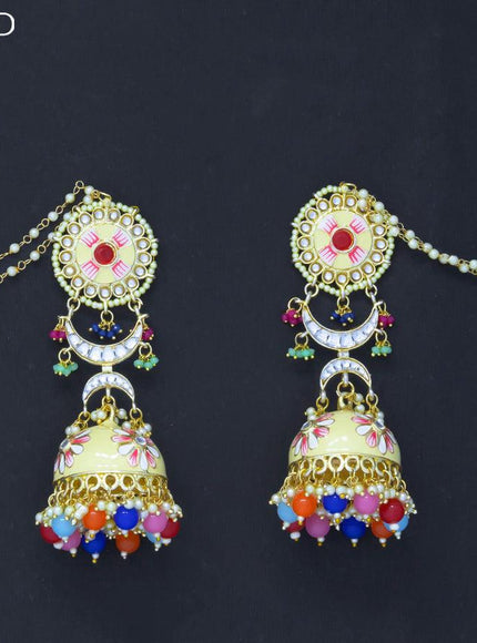 Dangler jhumkas with multicolour beads hanging and pearl maatal - {{ collection.title }} by Prashanti Sarees