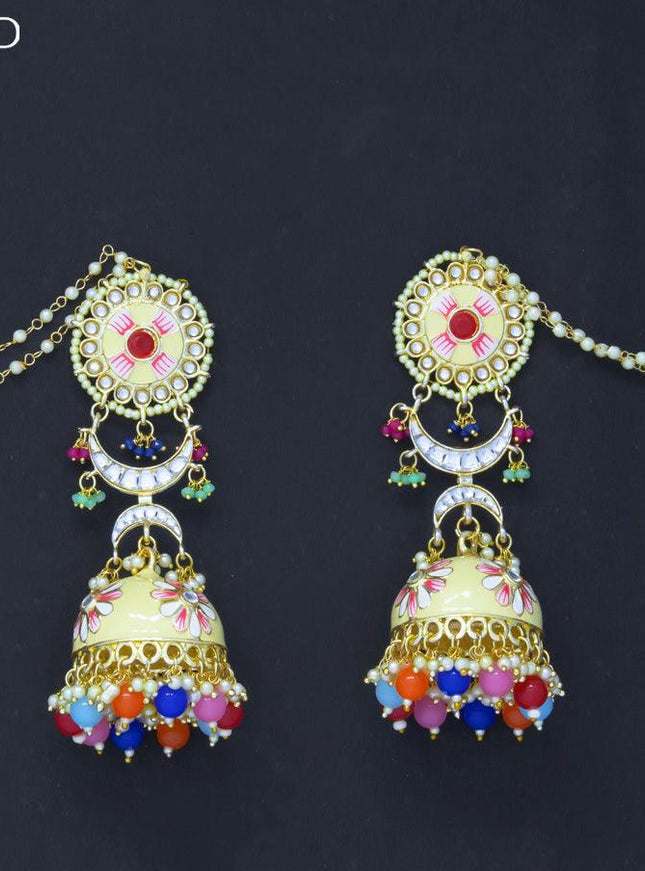 Dangler jhumkas with multicolour beads hanging and pearl maatal - {{ collection.title }} by Prashanti Sarees
