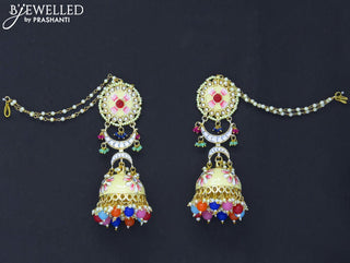 Dangler jhumkas with multicolour beads hanging and pearl maatal