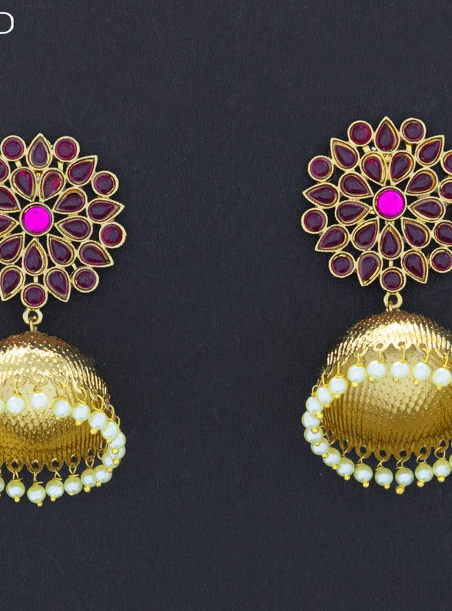Dangler jhumkas with pink kemp stone and pearl hangings - {{ collection.title }} by Prashanti Sarees