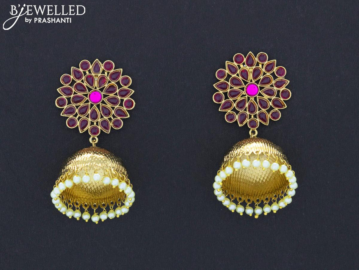Dangler jhumkas with pink kemp stone and pearl hangings - {{ collection.title }} by Prashanti Sarees
