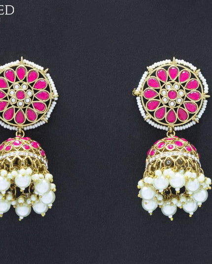 Dangler jhumkas with pink stone and pearl hangings - {{ collection.title }} by Prashanti Sarees