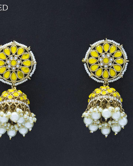 Dangler jhumkas with yellow stone and pearl hangings - {{ collection.title }} by Prashanti Sarees
