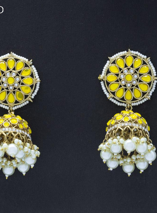 Dangler jhumkas with yellow stone and pearl hangings - {{ collection.title }} by Prashanti Sarees