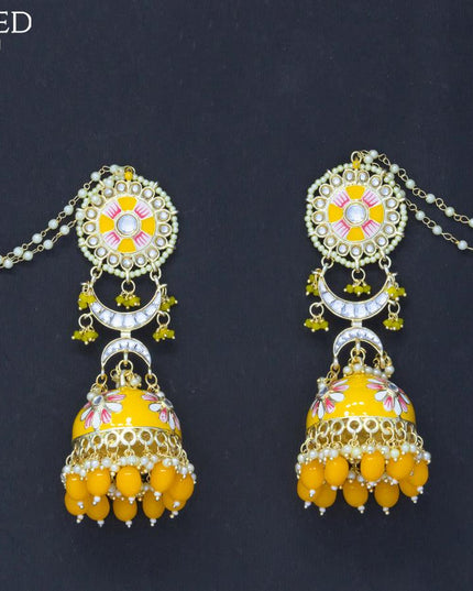 Dangler jhumkas yellow with hangings and pearl maatal - {{ collection.title }} by Prashanti Sarees