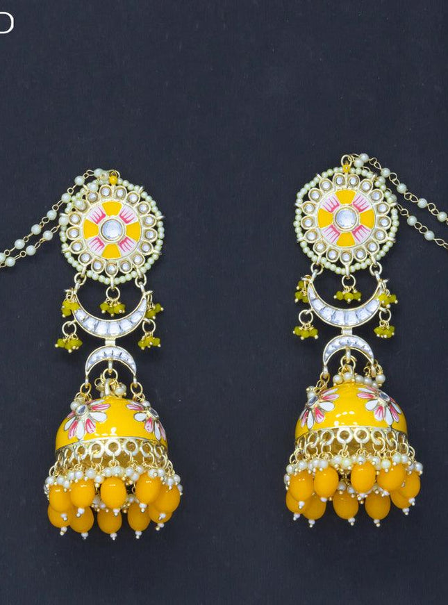 Dangler jhumkas yellow with hangings and pearl maatal - {{ collection.title }} by Prashanti Sarees