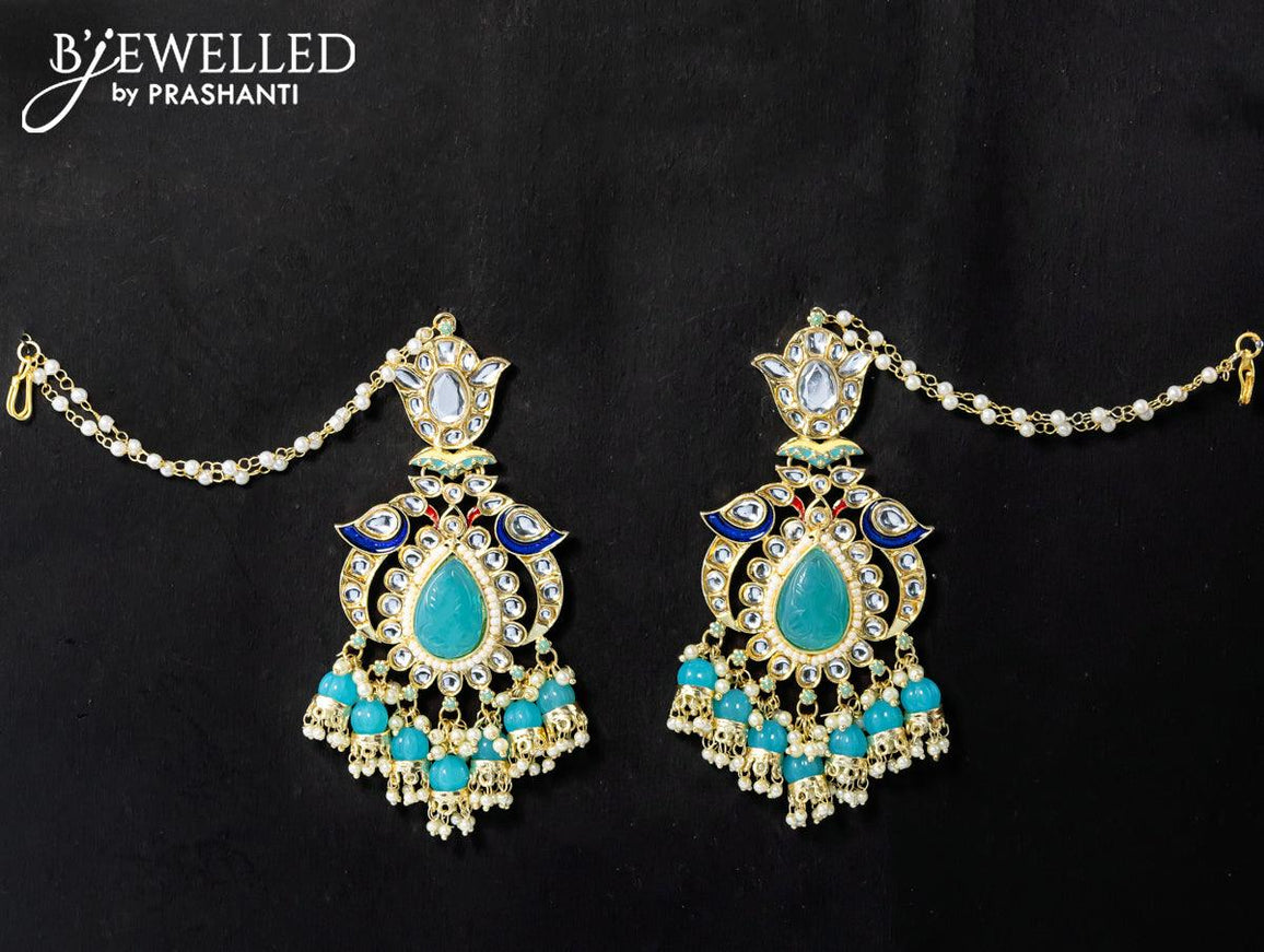Dangler light blue earrings with hangings and pearl maatal - {{ collection.title }} by Prashanti Sarees
