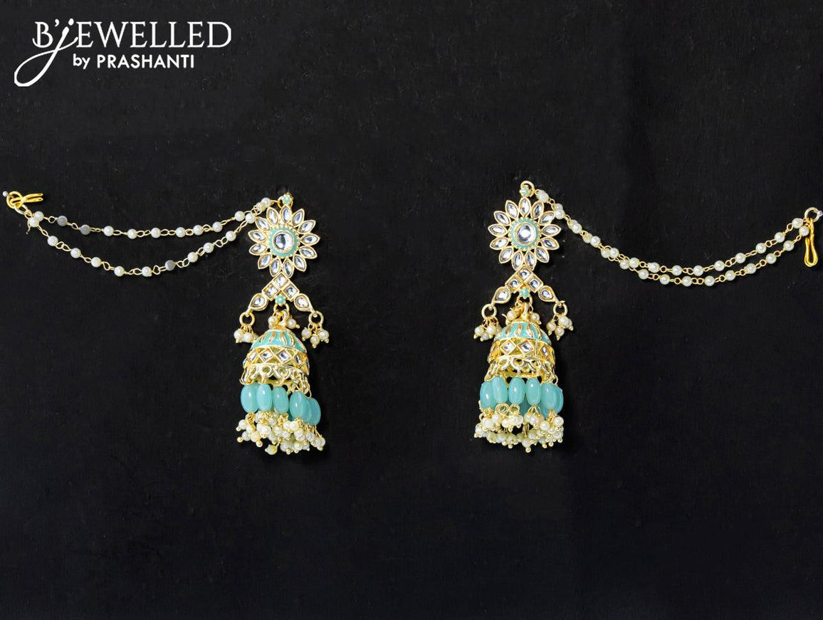 Dangler light blue jhumka with hangings and pearl maatal - {{ collection.title }} by Prashanti Sarees