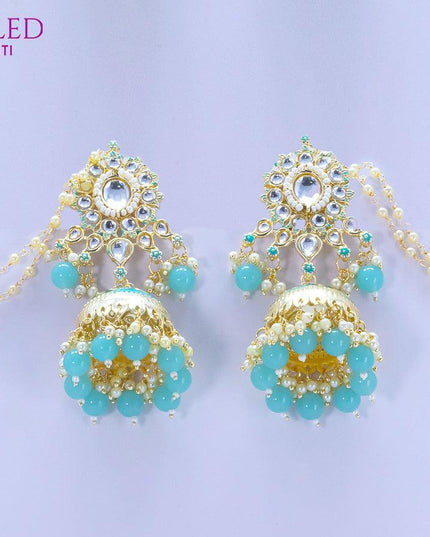 Dangler light blue jhumkas with hangings and pearl maatal - {{ collection.title }} by Prashanti Sarees