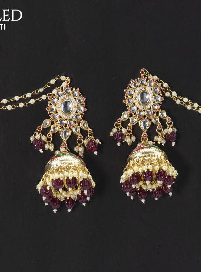 Dangler maroon jhumkas with hangings and pearl maatal - {{ collection.title }} by Prashanti Sarees