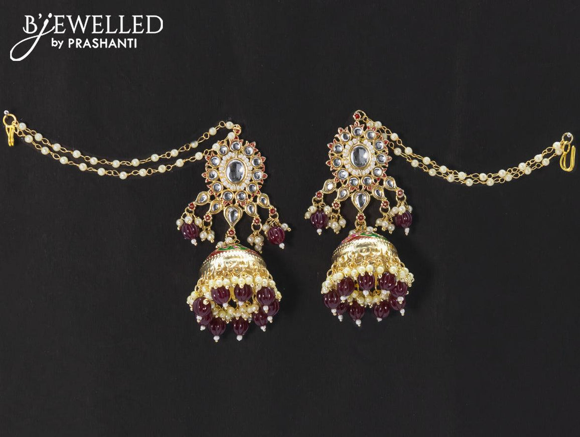 Dangler maroon jhumkas with hangings and pearl maatal - {{ collection.title }} by Prashanti Sarees