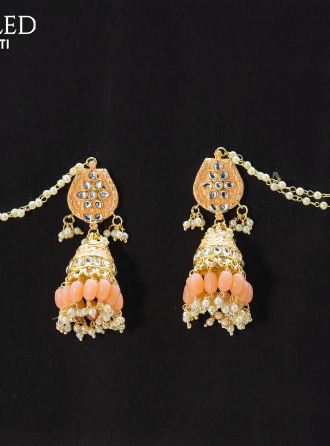 Dangler mild peach jhumka with hangings and pearl maatal - {{ collection.title }} by Prashanti Sarees