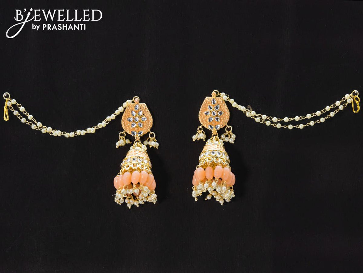 Dangler mild peach jhumka with hangings and pearl maatal - {{ collection.title }} by Prashanti Sarees