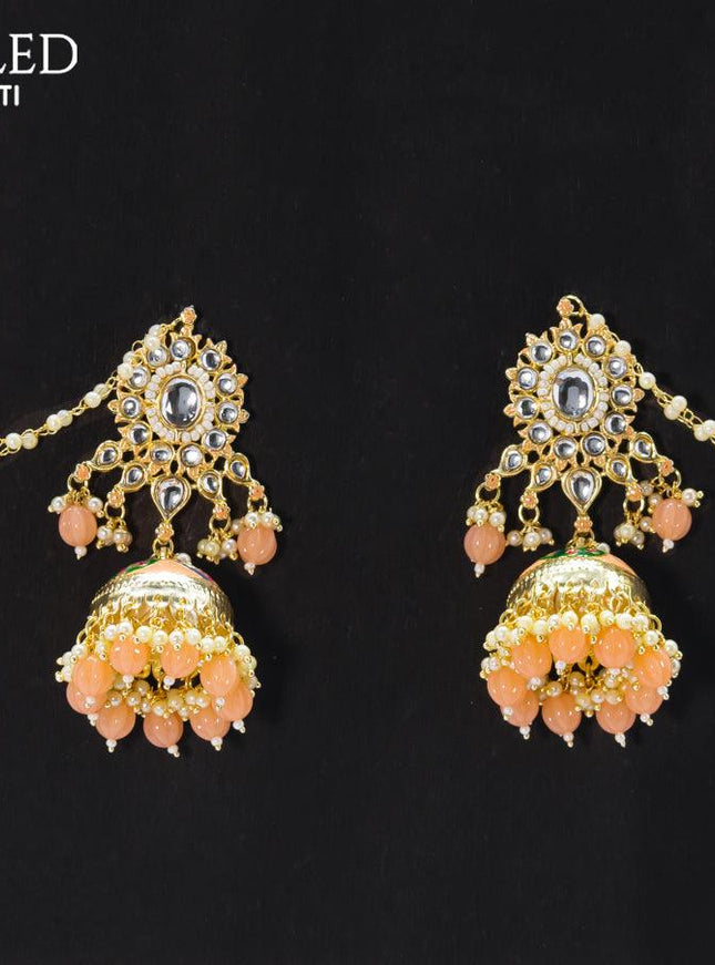Dangler mild peach jhumkas with hangings and pearl maatal - {{ collection.title }} by Prashanti Sarees