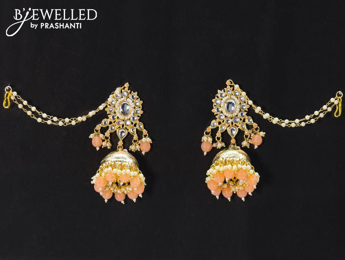 Dangler mild peach jhumkas with hangings and pearl maatal - {{ collection.title }} by Prashanti Sarees