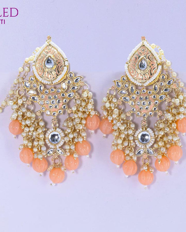 Dangler peach earrings with hangings and pearl maatal - {{ collection.title }} by Prashanti Sarees