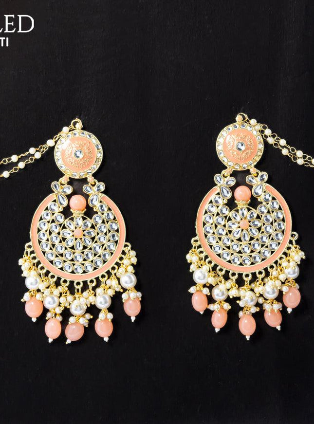 Dangler peach earrings with hangings and pearl maatal - {{ collection.title }} by Prashanti Sarees