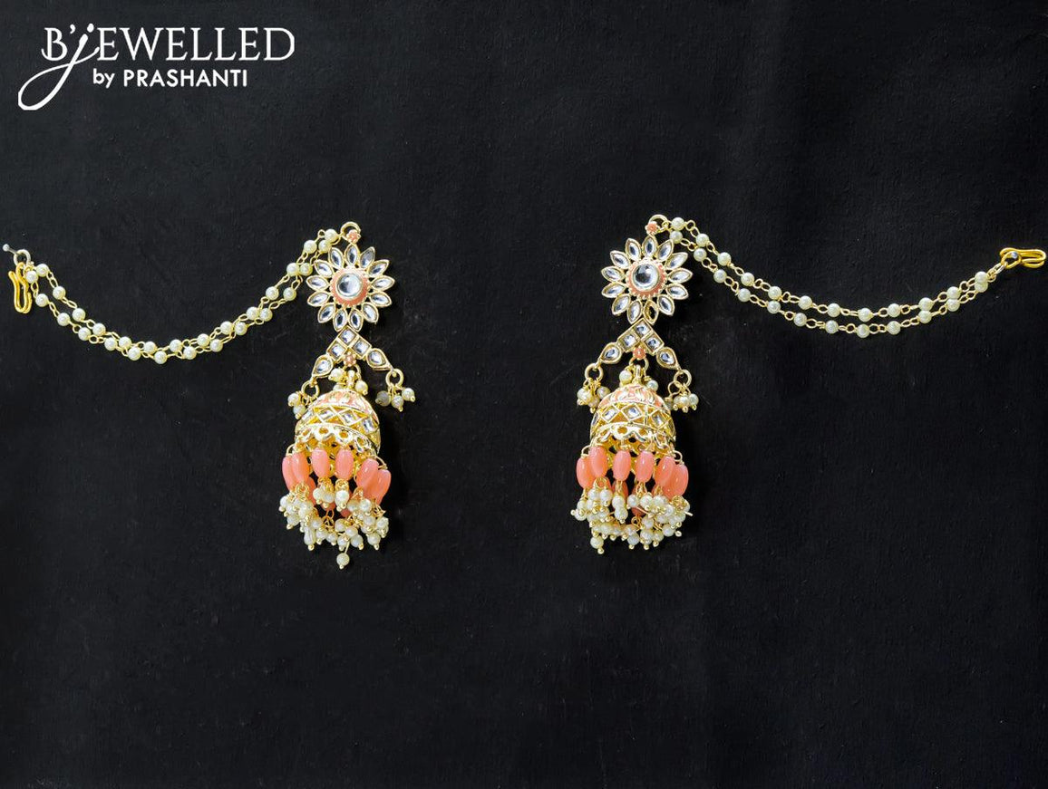 Dangler peach jhumka with hangings and pearl maatal - {{ collection.title }} by Prashanti Sarees
