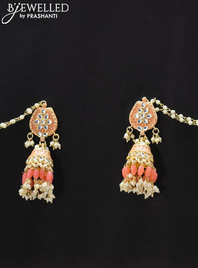 Dangler peach jhumka with hangings and pearl maatal - {{ collection.title }} by Prashanti Sarees