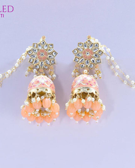 Dangler peach jhumkas with pearl hangings and pearl maatal - {{ collection.title }} by Prashanti Sarees