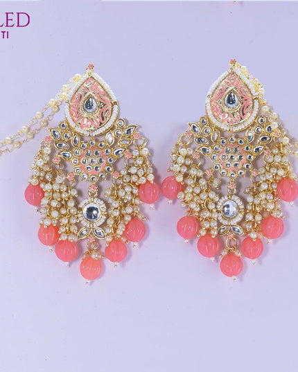 Dangler peach pink earrings with hangings and pearl maatal - {{ collection.title }} by Prashanti Sarees