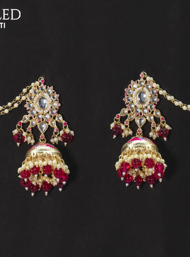 Dangler pink jhumkas with hangings and pearl maatal - {{ collection.title }} by Prashanti Sarees