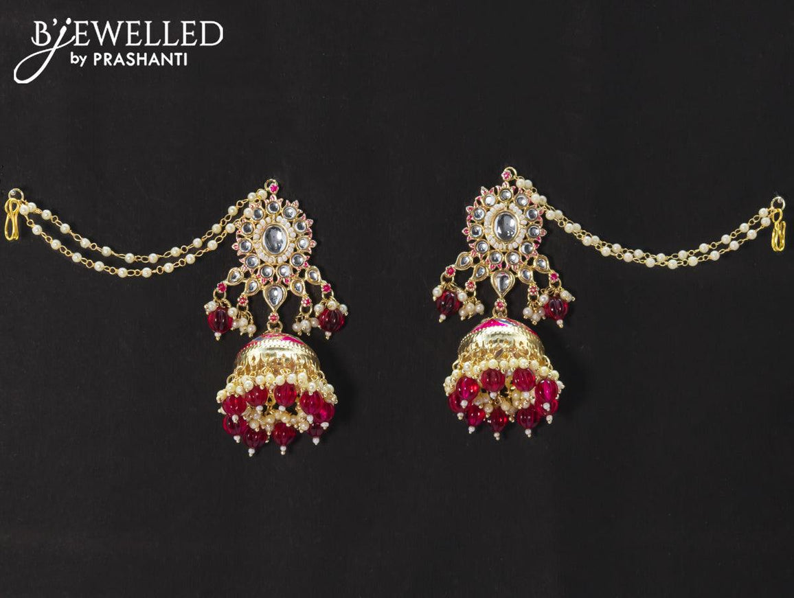 Dangler pink jhumkas with hangings and pearl maatal - {{ collection.title }} by Prashanti Sarees
