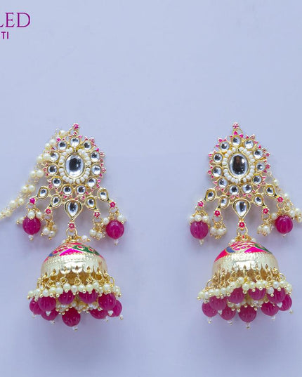 Dangler pink jhumkas with hangings and pearl maatal - {{ collection.title }} by Prashanti Sarees