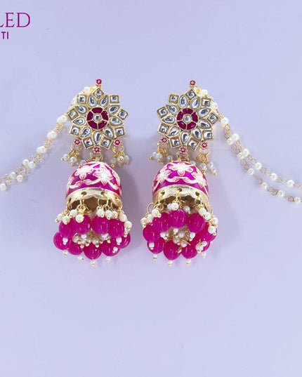Dangler pink jhumkas with pearl hangings and pearl maatal - {{ collection.title }} by Prashanti Sarees