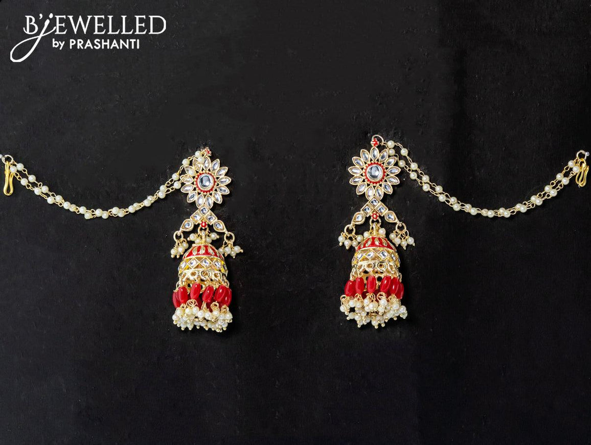 Dangler red jhumka with hangings and pearl maatal - {{ collection.title }} by Prashanti Sarees