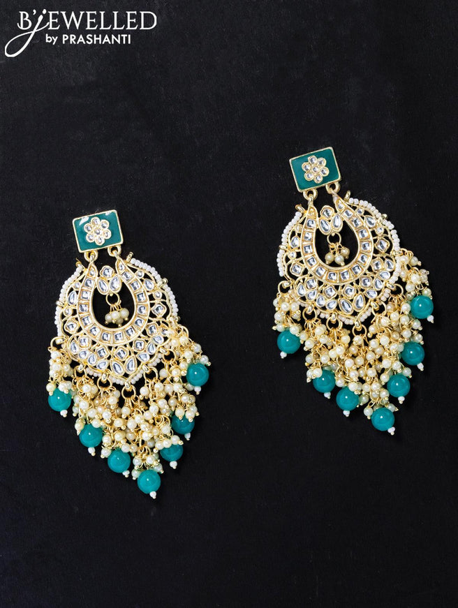 Dangler teal blue earrings with hangings and pearl maatal - {{ collection.title }} by Prashanti Sarees