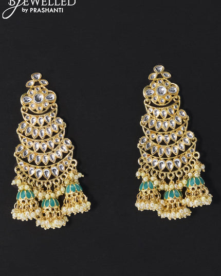 Dangler teal blue earrings with kundan stone and pearl maatal - {{ collection.title }} by Prashanti Sarees
