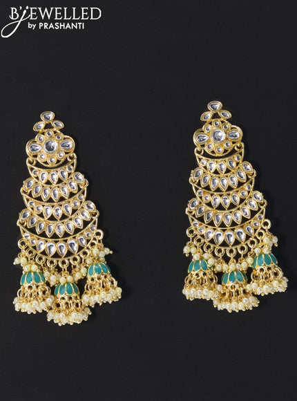 Dangler teal blue earrings with kundan stone and pearl maatal - {{ collection.title }} by Prashanti Sarees