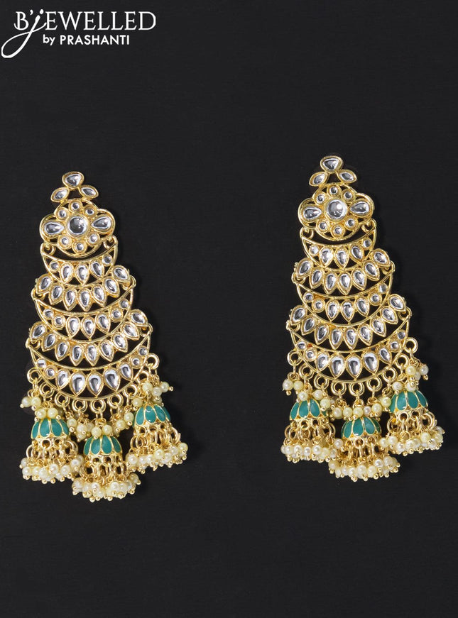 Dangler teal blue earrings with kundan stone and pearl maatal - {{ collection.title }} by Prashanti Sarees