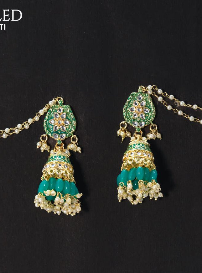 Dangler teal blue jhumka with hangings and pearl maatal - {{ collection.title }} by Prashanti Sarees