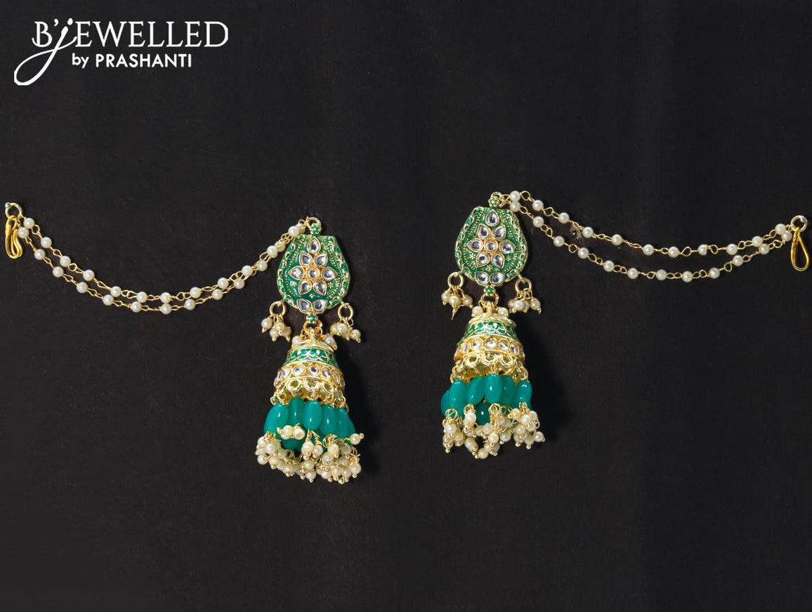 Dangler teal blue jhumka with hangings and pearl maatal - {{ collection.title }} by Prashanti Sarees