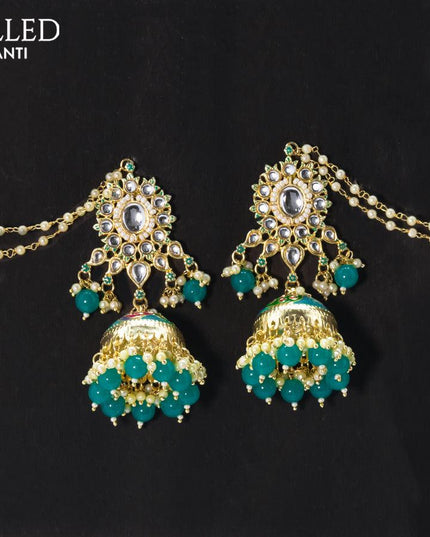 Dangler teal blue jhumkas with hangings and pearl maatal - {{ collection.title }} by Prashanti Sarees