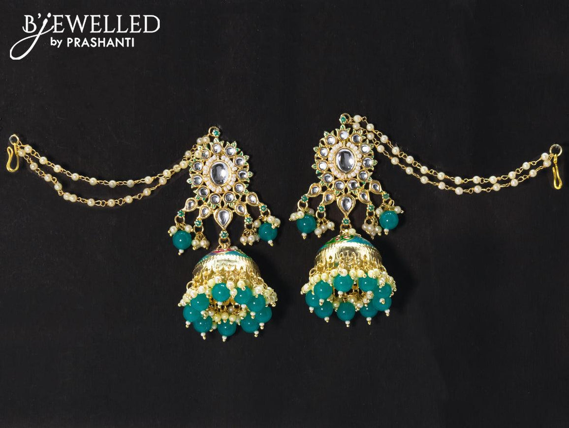 Dangler teal blue jhumkas with hangings and pearl maatal - {{ collection.title }} by Prashanti Sarees