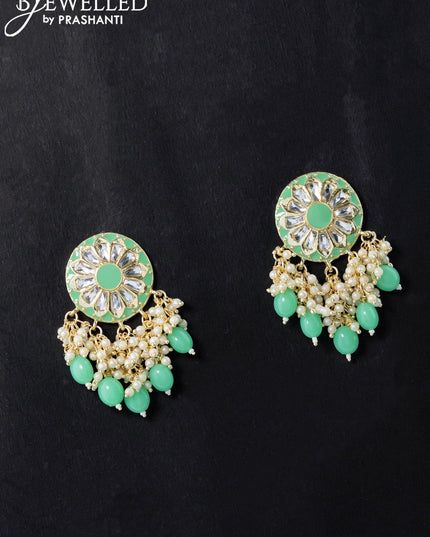 Dangler teal green earrings with hangings and pearl maatal - {{ collection.title }} by Prashanti Sarees