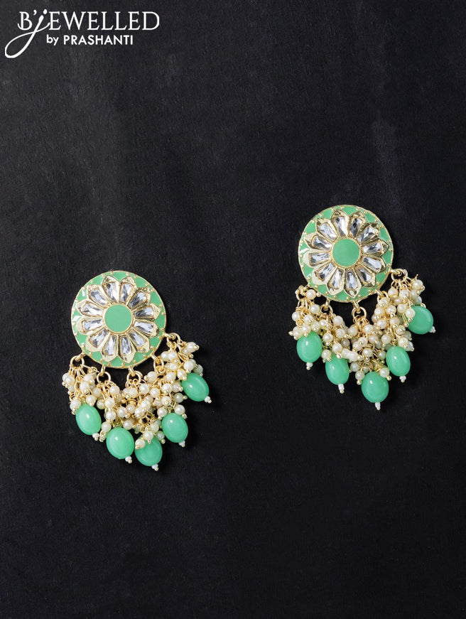 Dangler teal green earrings with hangings and pearl maatal - {{ collection.title }} by Prashanti Sarees