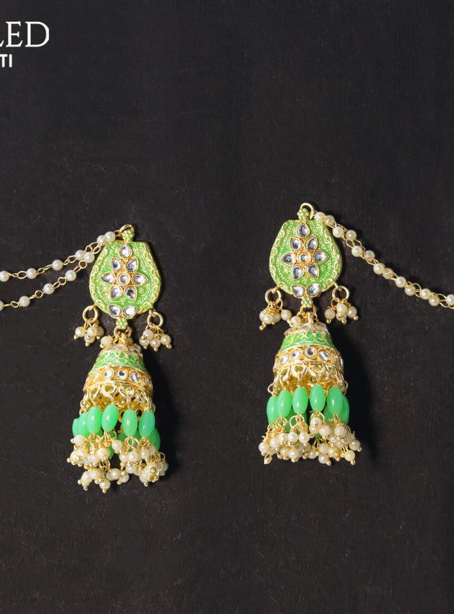 Dangler teal green jhumka with hangings and pearl maatal - {{ collection.title }} by Prashanti Sarees