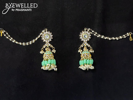 Dangler teal green jhumka with hangings and pearl maatal - {{ collection.title }} by Prashanti Sarees