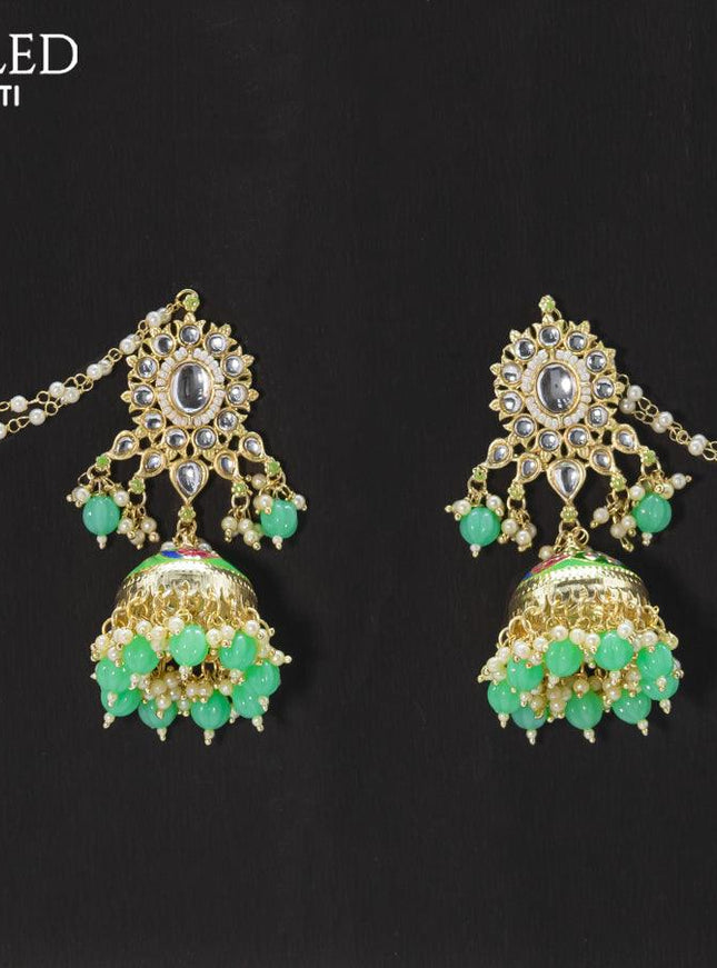 Dangler teal green jhumkas with hangings and pearl maatal - {{ collection.title }} by Prashanti Sarees