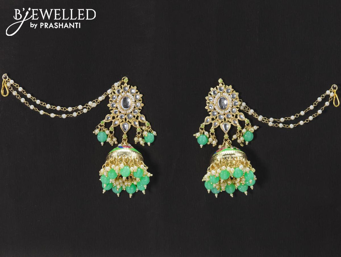 Dangler teal green jhumkas with hangings and pearl maatal - {{ collection.title }} by Prashanti Sarees