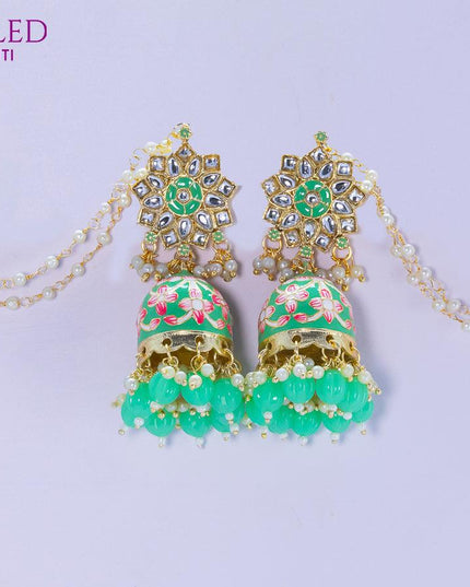 Dangler teal green jhumkas with pearl hangings and pearl maatal - {{ collection.title }} by Prashanti Sarees